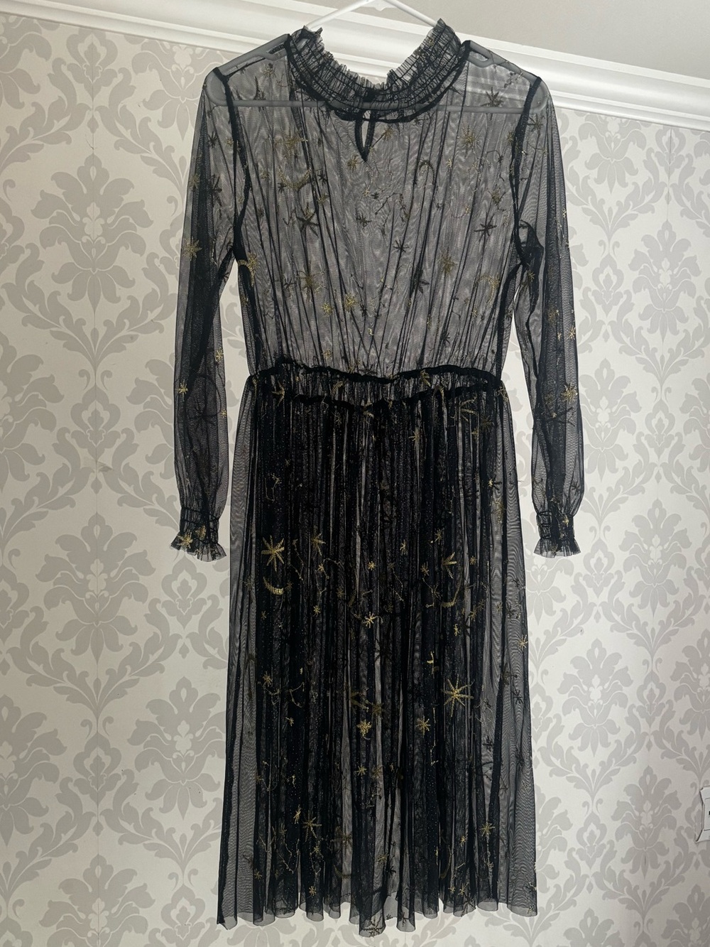 Youmu Navy Sheer Mesh Midi Dress with Gold Celestial Embroidery - Picture 2 of 8